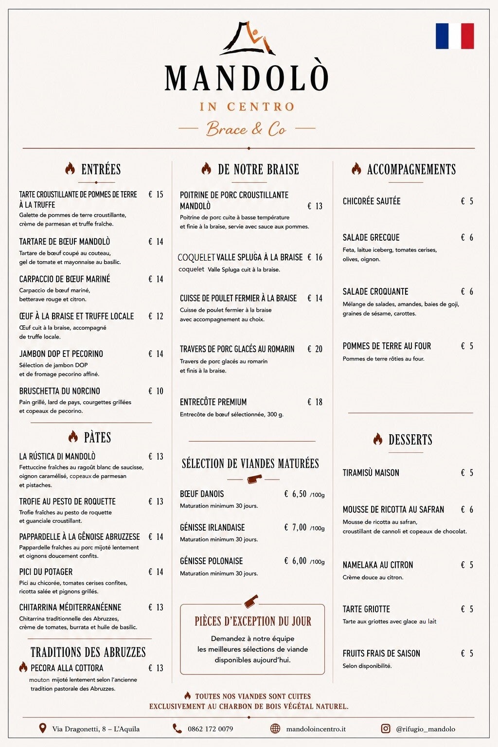 Menu complet de Mandolò in Centro en français