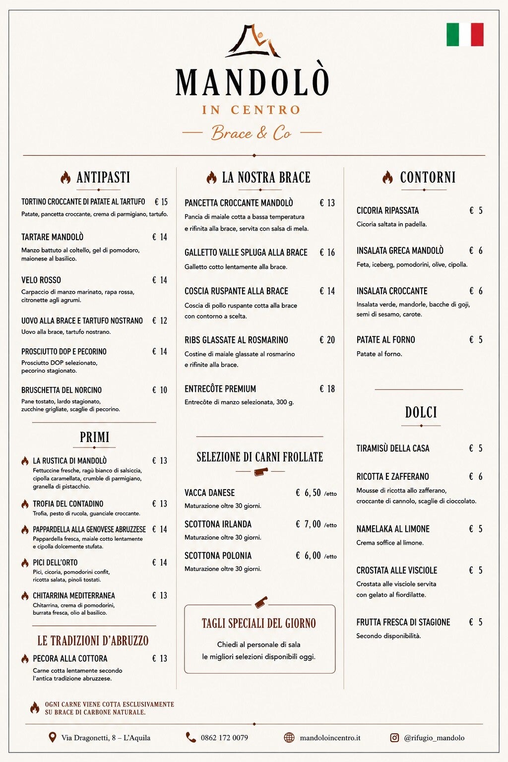 Menù completo di Mandolò in Centro in italiano